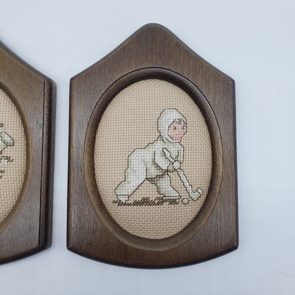 VTG‎ Set OF 2 Unique Shaped Wood Framed Handmade Cross Stitch Snow Babies - Picture 2 of 9
